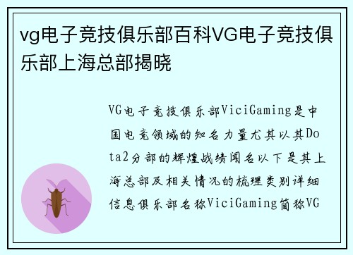 vg电子竞技俱乐部百科VG电子竞技俱乐部上海总部揭晓