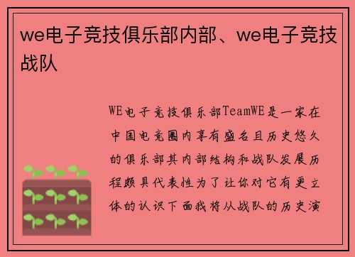 we电子竞技俱乐部内部、we电子竞技战队
